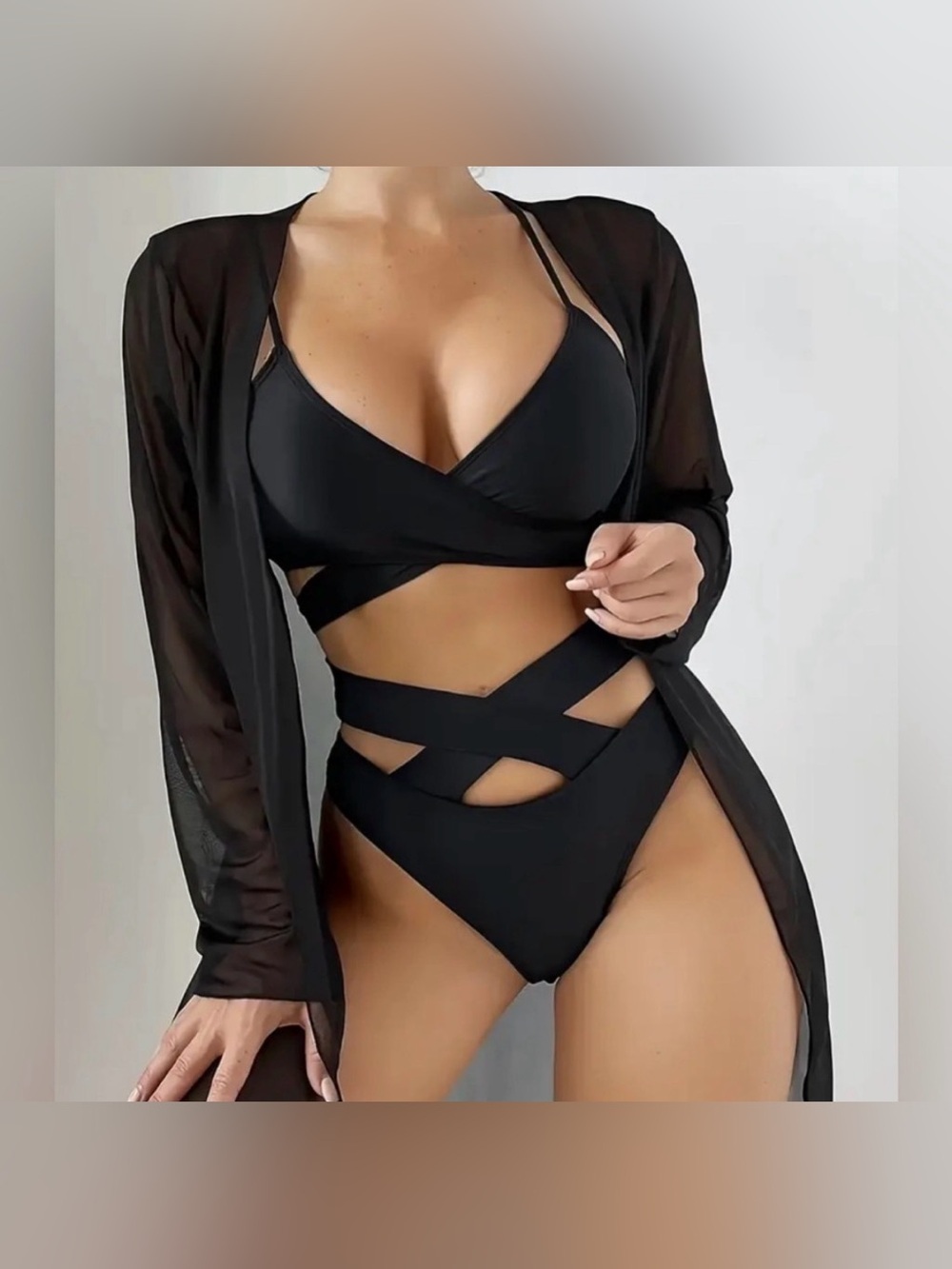 NEWP BRAND NEW Black Strappy Bikini Set with Sheer Cover-Up